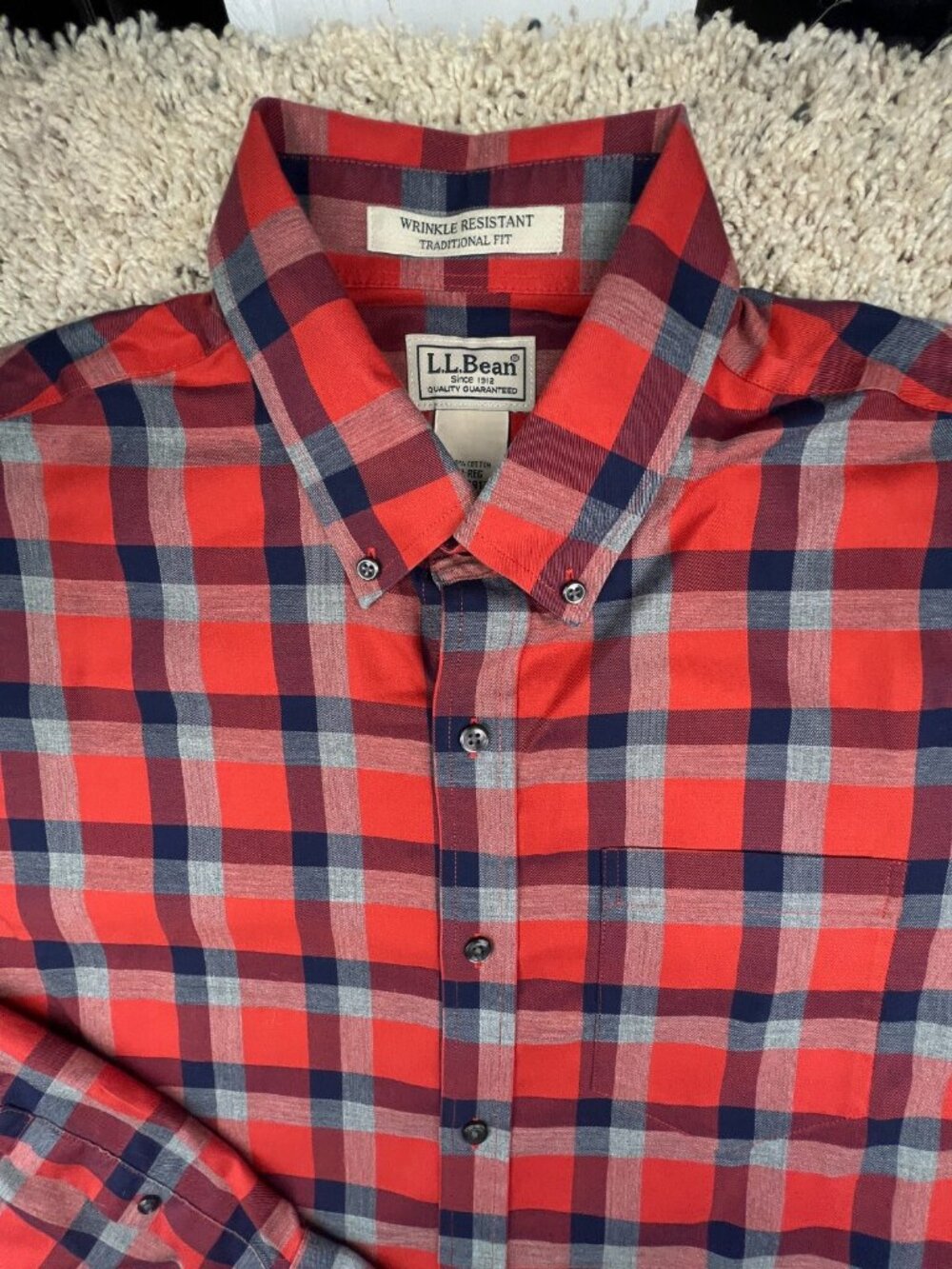 LL Bean Button Up Shirt Plaid Red Blue Gray Medium 291792 Cotton Long Sleeve